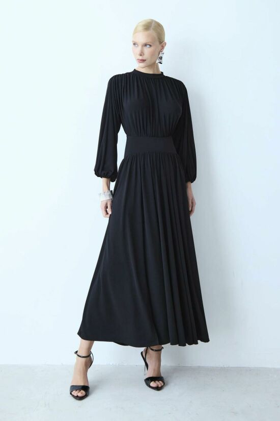 Imagem de Vestido Mídi Mangas Bufantes Cós Largo Barra Fluida Preto Zen